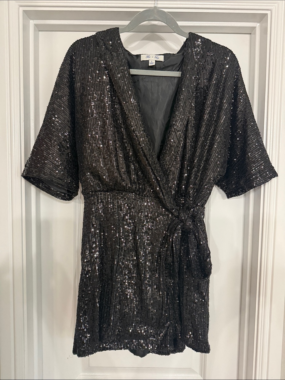 She + Sky Black Sequin Wrap Romper